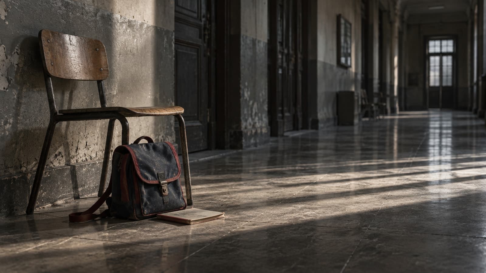 Una silla escolar vacía, una mochila y un cuaderno en el corredor austero de un edificio público